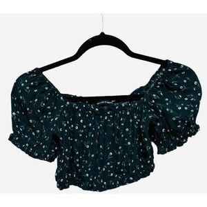 Brandy Melville Green Floral Cropped Top Off The Shoulder One Size Fits XS-S